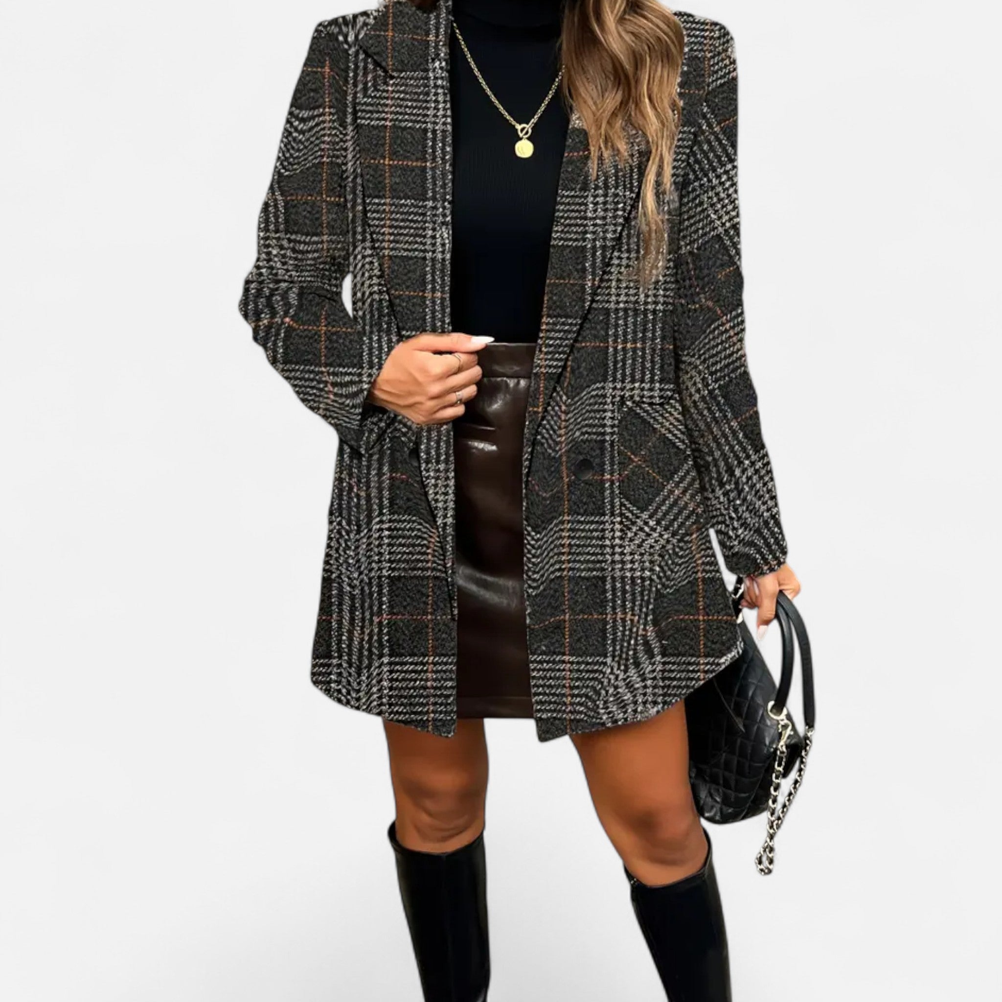 Anvoire | Women’s Plaid Overcoat – Double-Breasted Elegance