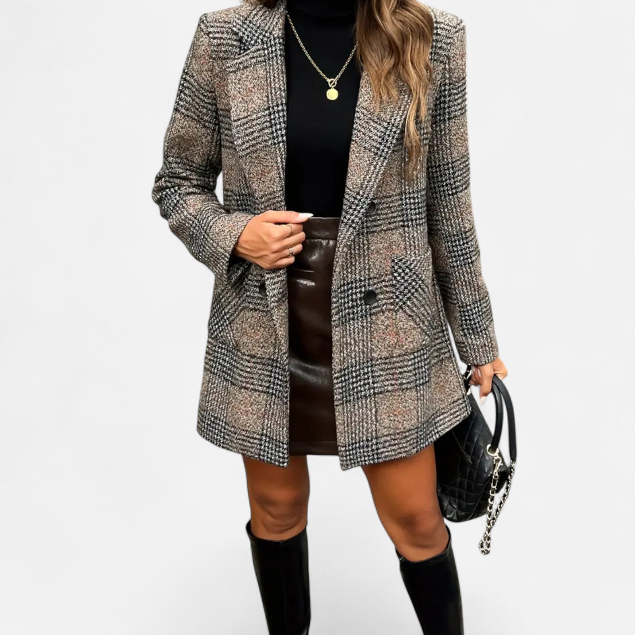 Anvoire | Women’s Plaid Overcoat – Double-Breasted Elegance