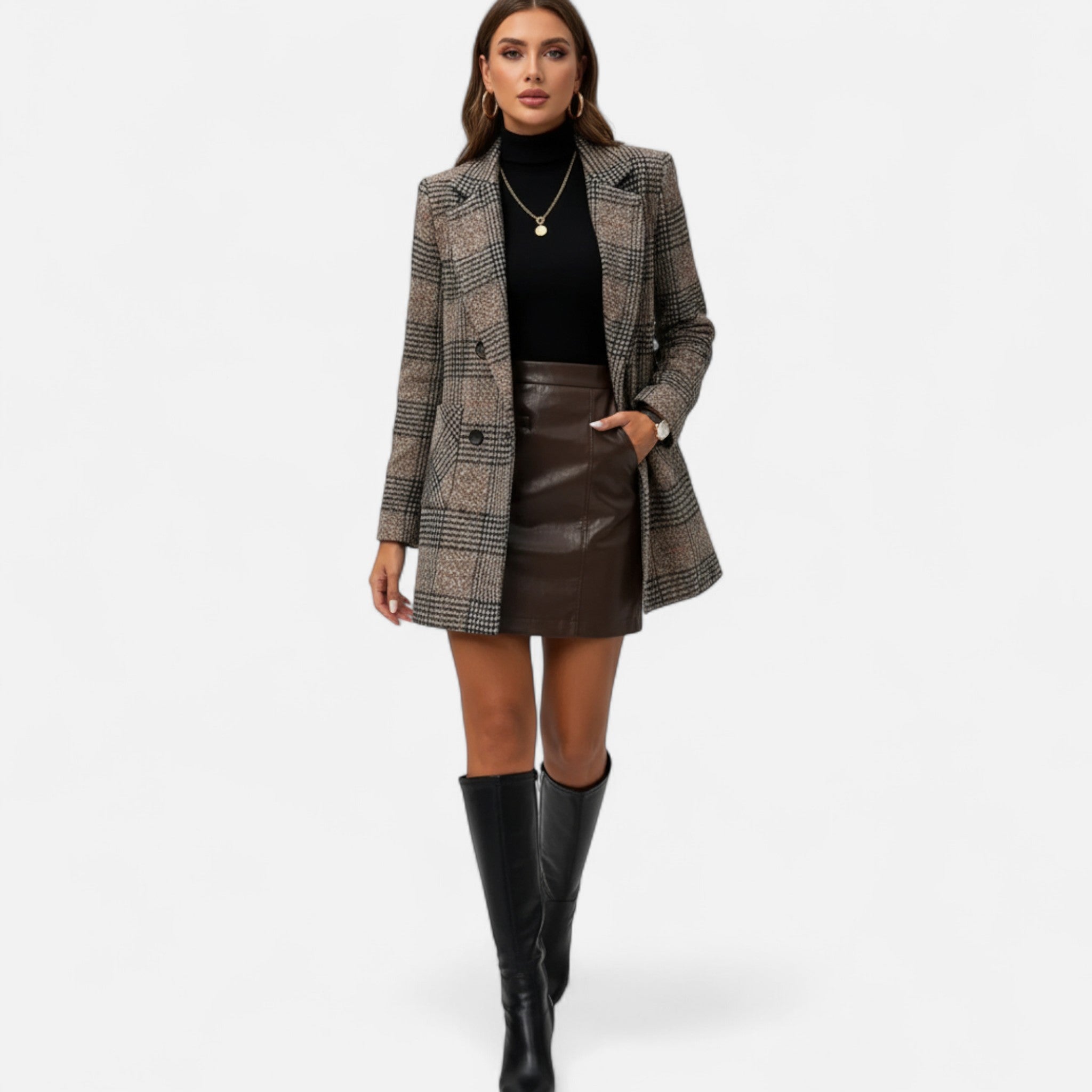 Anvoire | Women’s Plaid Overcoat – Double-Breasted Elegance