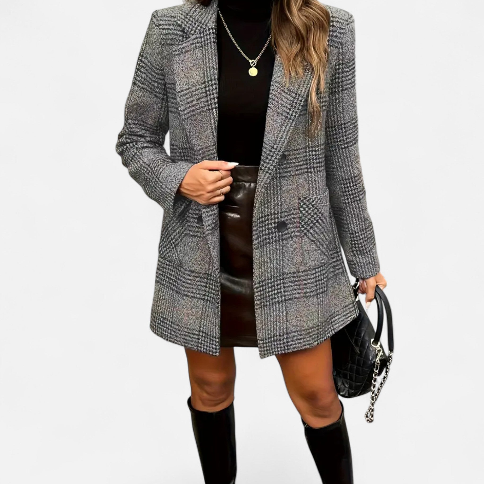 Anvoire | Women’s Plaid Overcoat – Double-Breasted Elegance